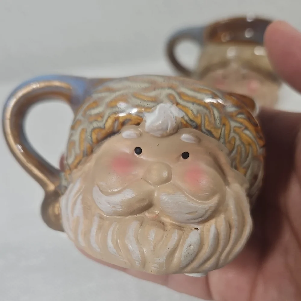 NWT Set of 2 Bohemian Brown Cream & Blue Santa Claus Ceramic Tea Light Holders